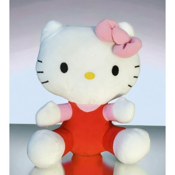 Sanrio Hello Kitty Plush Cat Stuffed Animal White Kitten Pink Bow Toy Red Suit - Picture 1 of 12